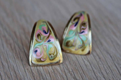 Gold Tone Colorfully Painted Enameled Pierced Earrings with Gently Curving Form
