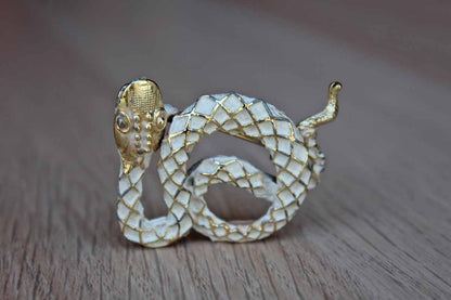 Gold Tone and White Painted Snake Brooch