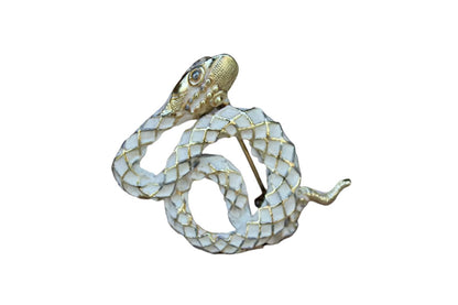 Gold Tone and White Painted Snake Brooch