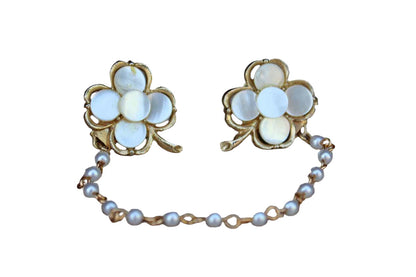 Clover Shaped Gold Tone and Mother of Pearl Sweater Clips with Faux Pearl Chain