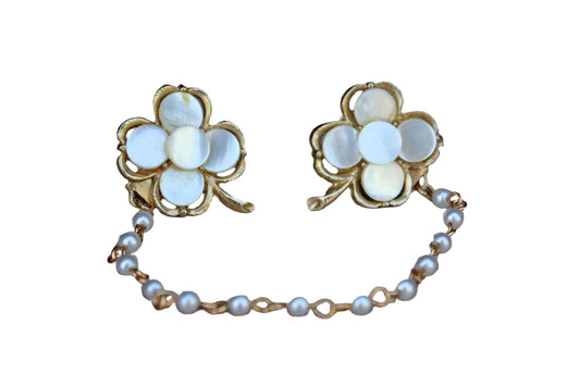 Clover Shaped Gold Tone and Mother of Pearl Sweater Clips with Faux Pearl Chain