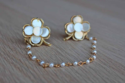 Clover Shaped Gold Tone and Mother of Pearl Sweater Clips with Faux Pearl Chain