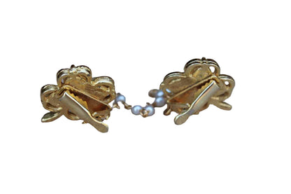 Clover Shaped Gold Tone and Mother of Pearl Sweater Clips with Faux Pearl Chain