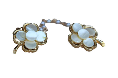 Clover Shaped Gold Tone and Mother of Pearl Sweater Clips with Faux Pearl Chain