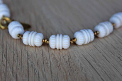 Miriam Haskell (New York, USA) White Plastic Beaded Necklace with Small Gold Bead Accents