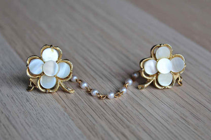 Clover Shaped Gold Tone and Mother of Pearl Sweater Clips with Faux Pearl Chain