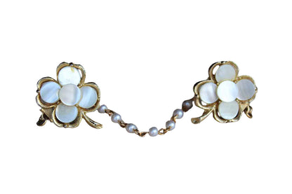 Clover Shaped Gold Tone and Mother of Pearl Sweater Clips with Faux Pearl Chain