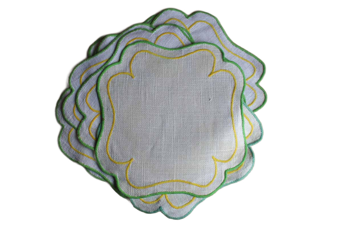 Small Linen Placemats with Green and Yellow Embroiderent Edges, 11 Pieces