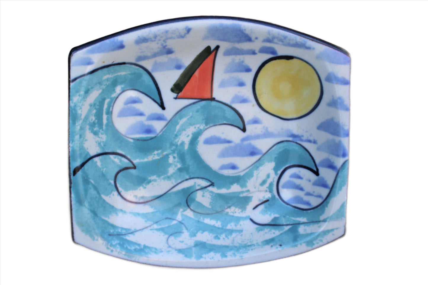 Heavy Handmade Ceramic Dish Decorated with Waves and Sun