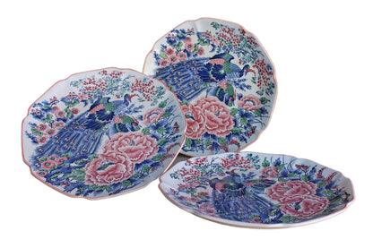Large Round Platters Decorated with Large Peacocks and Fflowers, Set of 3