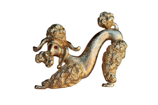 Monet (New York, USA) Gold Tone Poodle Brooch with Red Rhinestone Eyes