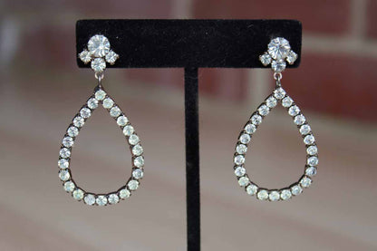 Silver Tone Rhinestone Drop Pierced Earrings with Pear-Shaped Design