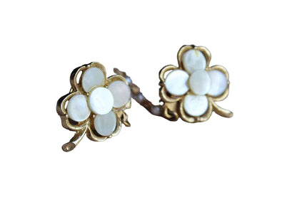 Clover Shaped Gold Tone and Mother of Pearl Sweater Clips with Faux Pearl Chain