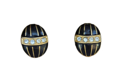 Egg-Shaped Pierced Earrings Decorated with Black Enamel and Rhinestones on a Gold Metal Base