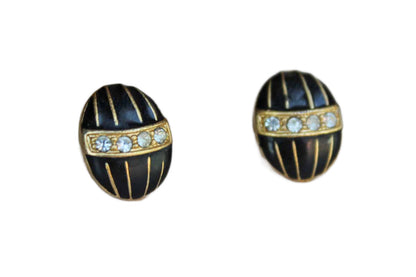 Egg-Shaped Pierced Earrings Decorated with Black Enamel and Rhinestones on a Gold Metal Base