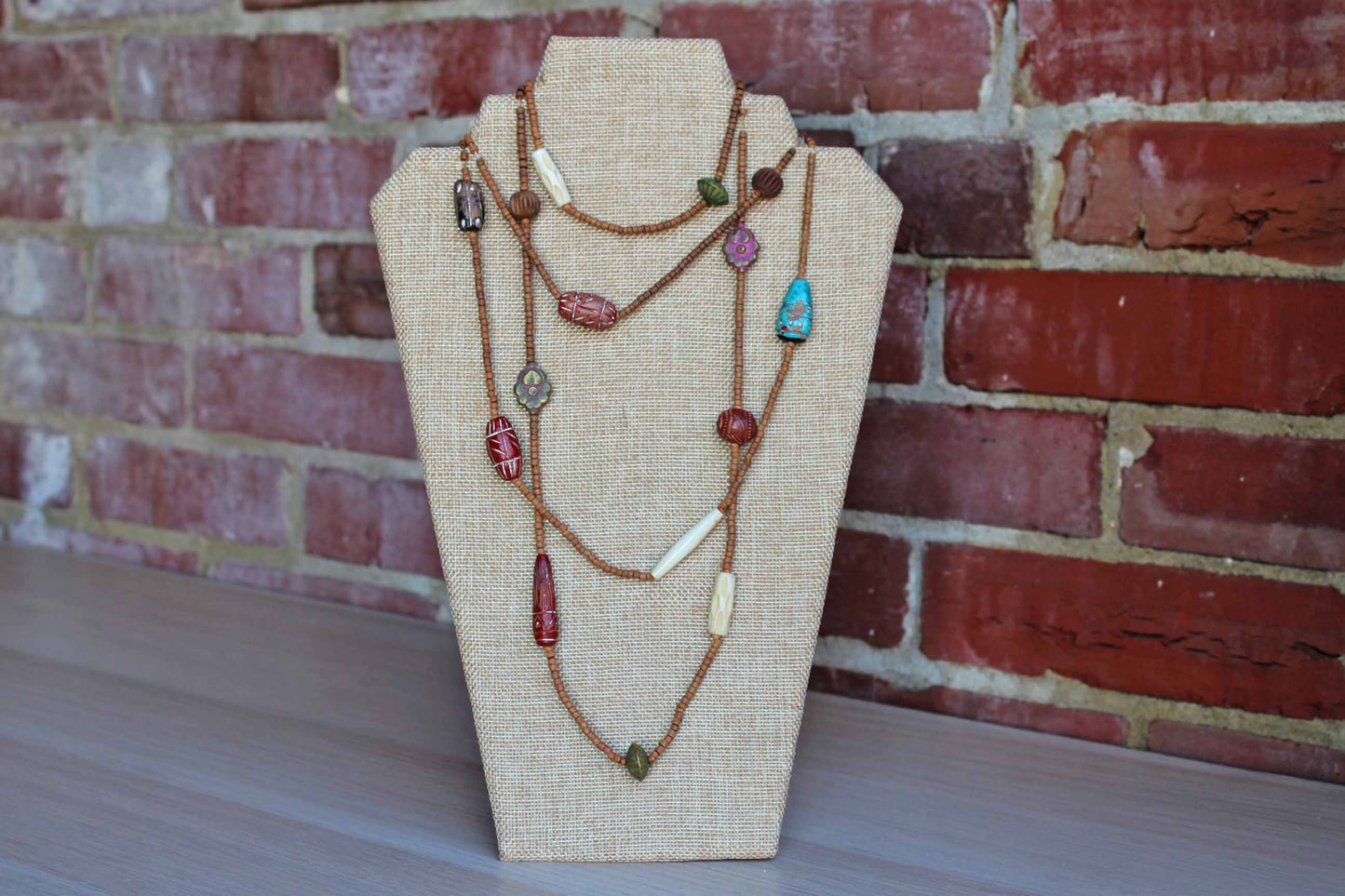 Double Strand of Carved Stone and Wood Bead Necklaces