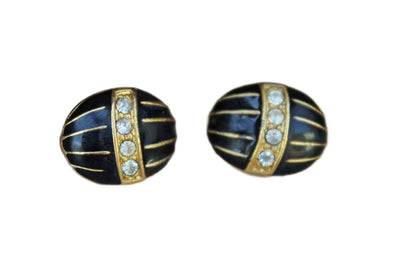 Egg-Shaped Pierced Earrings Decorated with Black Enamel and Rhinestones on a Gold Metal Base