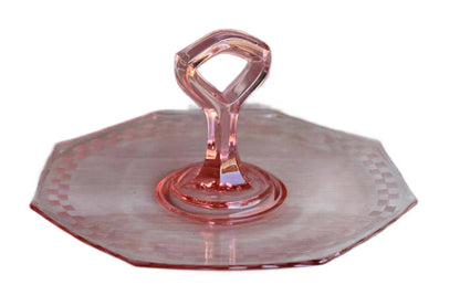 Pink Depression Glass Tidbit Tray with Handle and Etched Design Around the Octagonal Rim