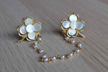 Clover Shaped Gold Tone and Mother of Pearl Sweater Clips with Faux Pearl Chain
