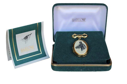 Barlow Designs, Inc. (Rhode Island, USA) Gold Plate Scrimshaw Horse Locket Brooch