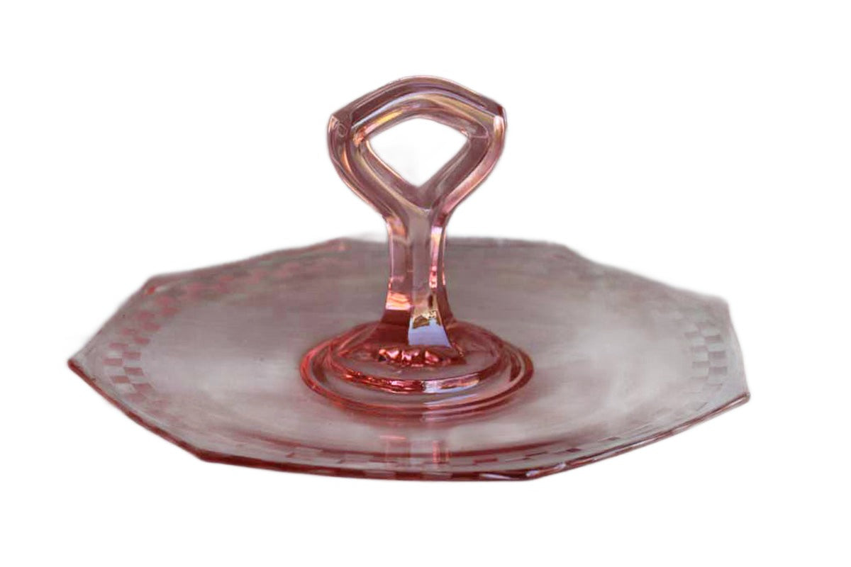 Pink Depression Glass Tidbit Tray with Handle and Etched Design Around the Octagonal Rim