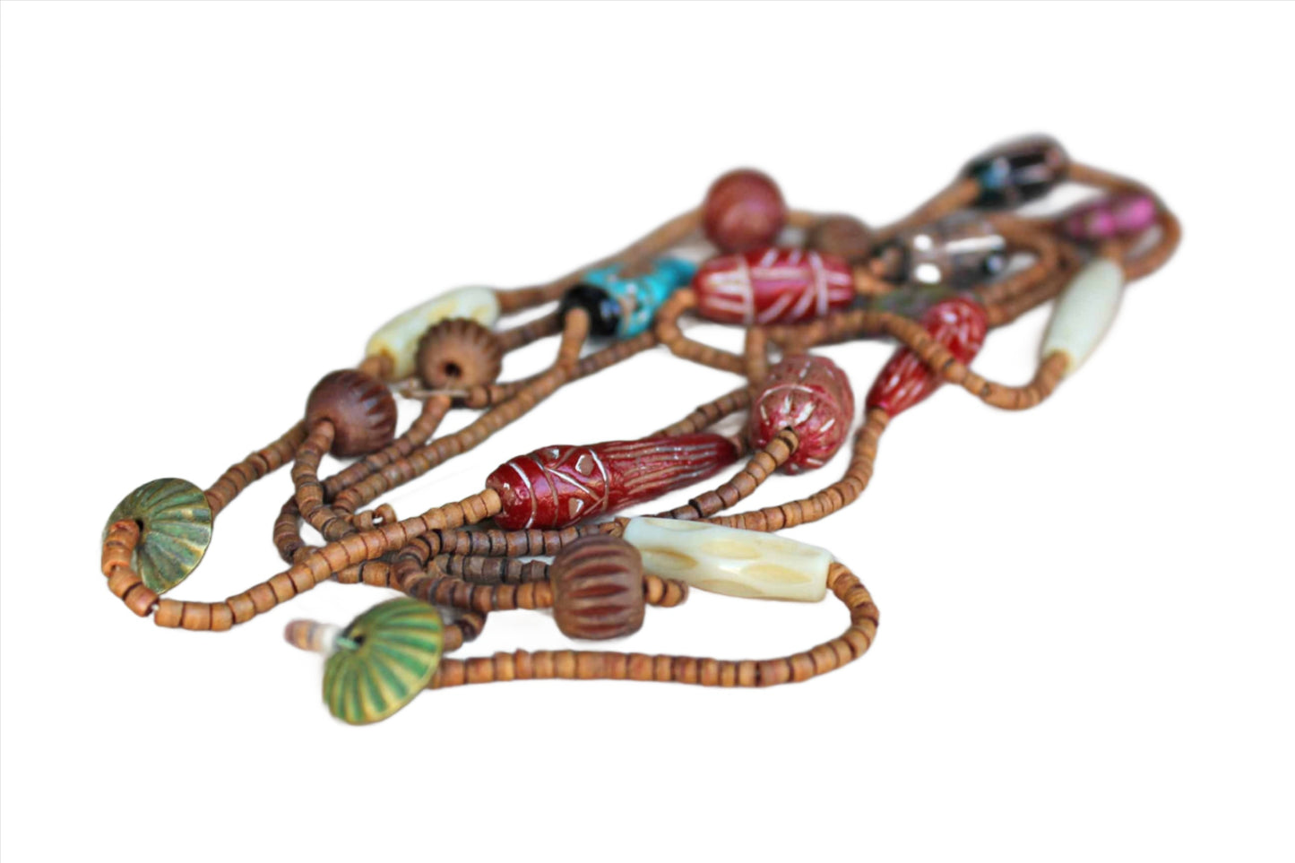 Double Strand of Carved Stone and Wood Bead Necklaces