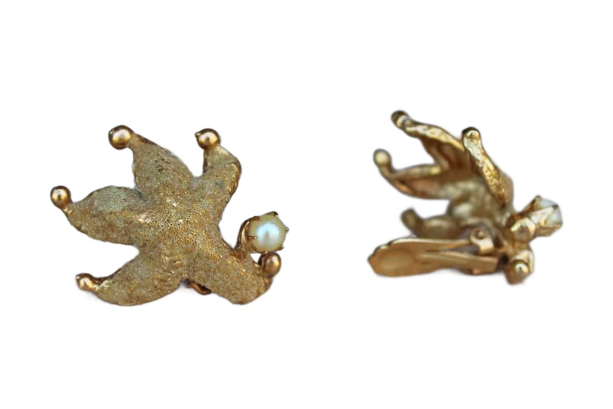Large Gold Tone Starfish Non-Pierced Earrings with Pearl Accent