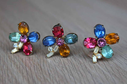 Colorful Cut Glass Cabochon Flower Shaped Non-Pierced Earrings and Brooch