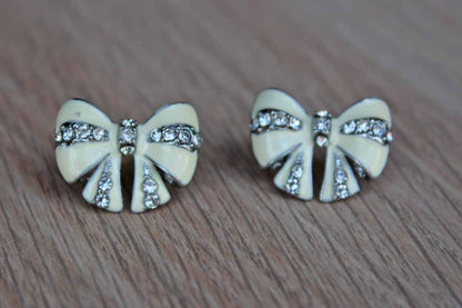 Enamel and Silver Rhinestone Bow-Shaped Pierced Earrings