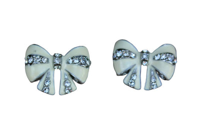 Enamel and Silver Rhinestone Bow-Shaped Pierced Earrings