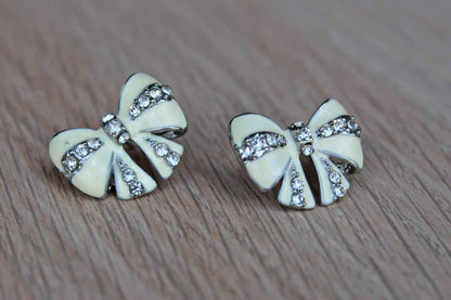 Enamel and Silver Rhinestone Bow-Shaped Pierced Earrings