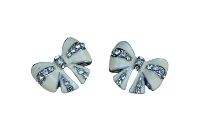 Enamel and Silver Rhinestone Bow-Shaped Pierced Earrings