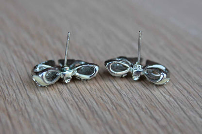 Enamel and Silver Rhinestone Bow-Shaped Pierced Earrings