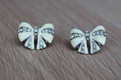 Enamel and Silver Rhinestone Bow-Shaped Pierced Earrings