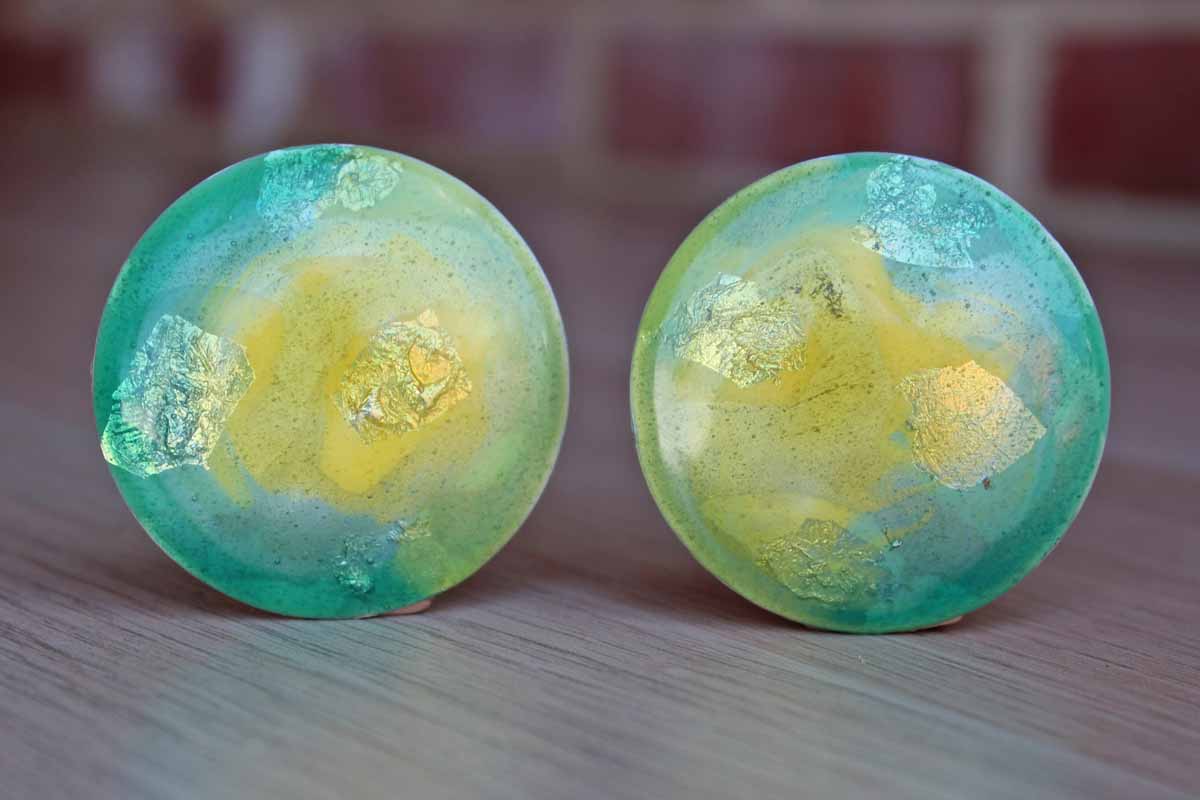 Large Round Handmade Green and Yellow Earrings with Gold Leaf Accents