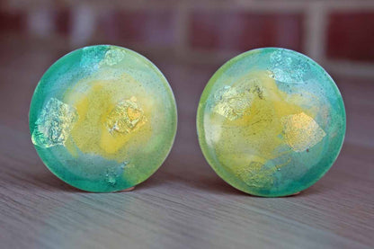 Large Round Handmade Green and Yellow Earrings with Gold Leaf Accents