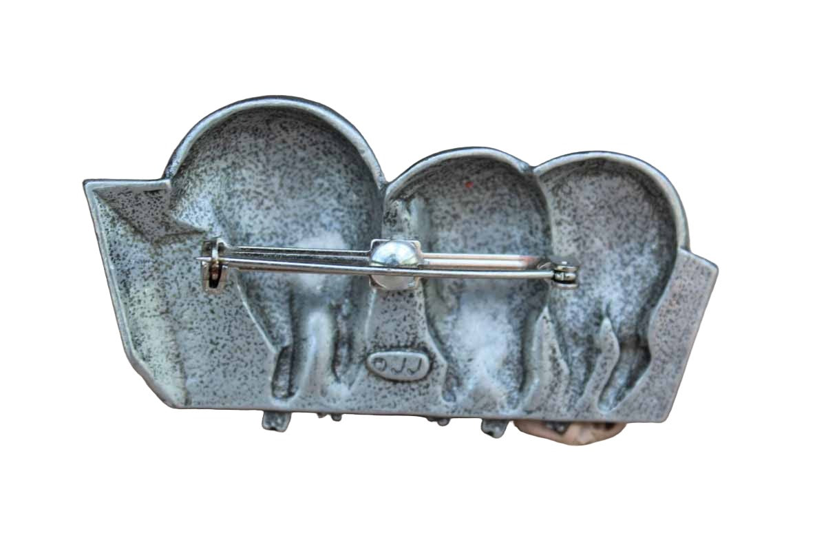 Jonette Jewelry (Rhode Island, USA) Silver Tone Brooch of Three Pig Bottoms Across a Trough