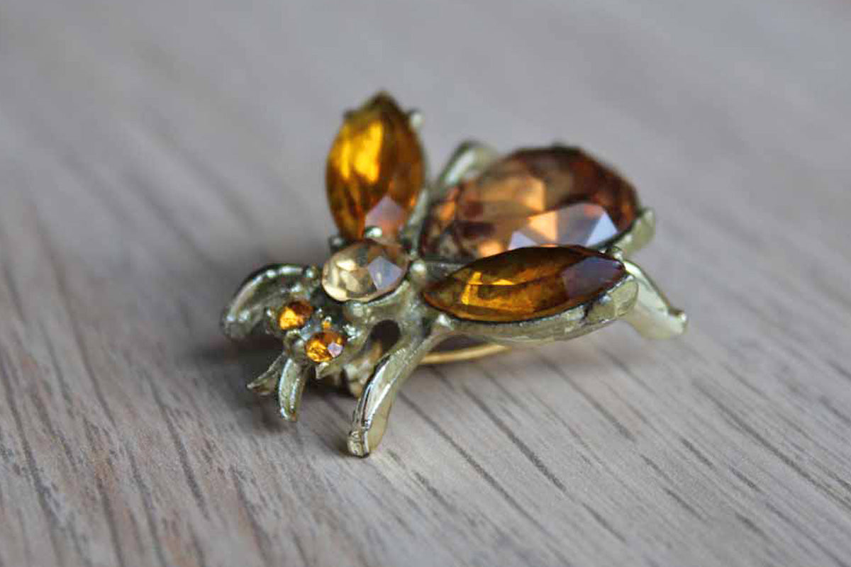 Bee Brooch Decorated with Amber Chatons and Rhinestones
