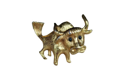 Gold Metal Bull Brooch with Black Bead Eyes