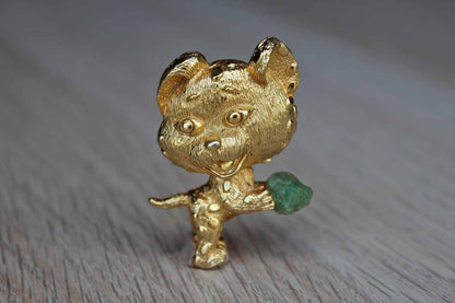 Tortolani Jewelry (California, USA) Gold Tone Big Headed Dog Holding a Green Stone
