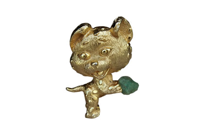 Tortolani Jewelry (California, USA) Gold Tone Big Headed Dog Holding a Green Stone
