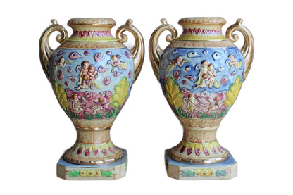 Hinode (Japan) Vibrantly Colored Urn Vases with Cherubs and Angels, A Pair
