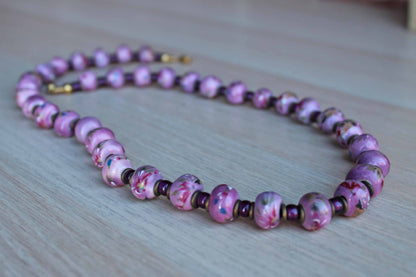 Purple Beaded Necklace with Hand-Painted Flowers