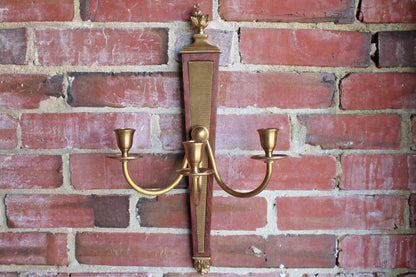 Global Views (Made in India) Brass and Wood Triple-Candle Wall Sconces, A Pair