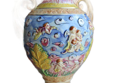 Hinode (Japan) Vibrantly Colored Urn Vases with Cherubs and Angels, A Pair