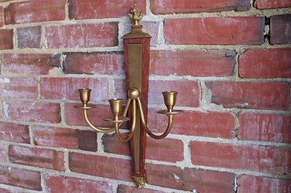 Global Views (Made in India) Brass and Wood Triple-Candle Wall Sconces, A Pair