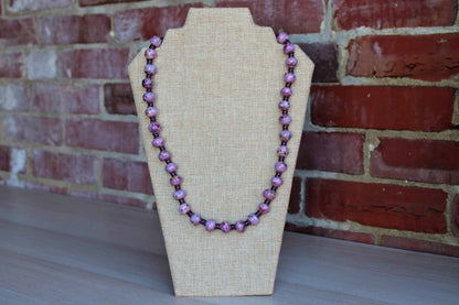 Purple Beaded Necklace with Hand-Painted Flowers