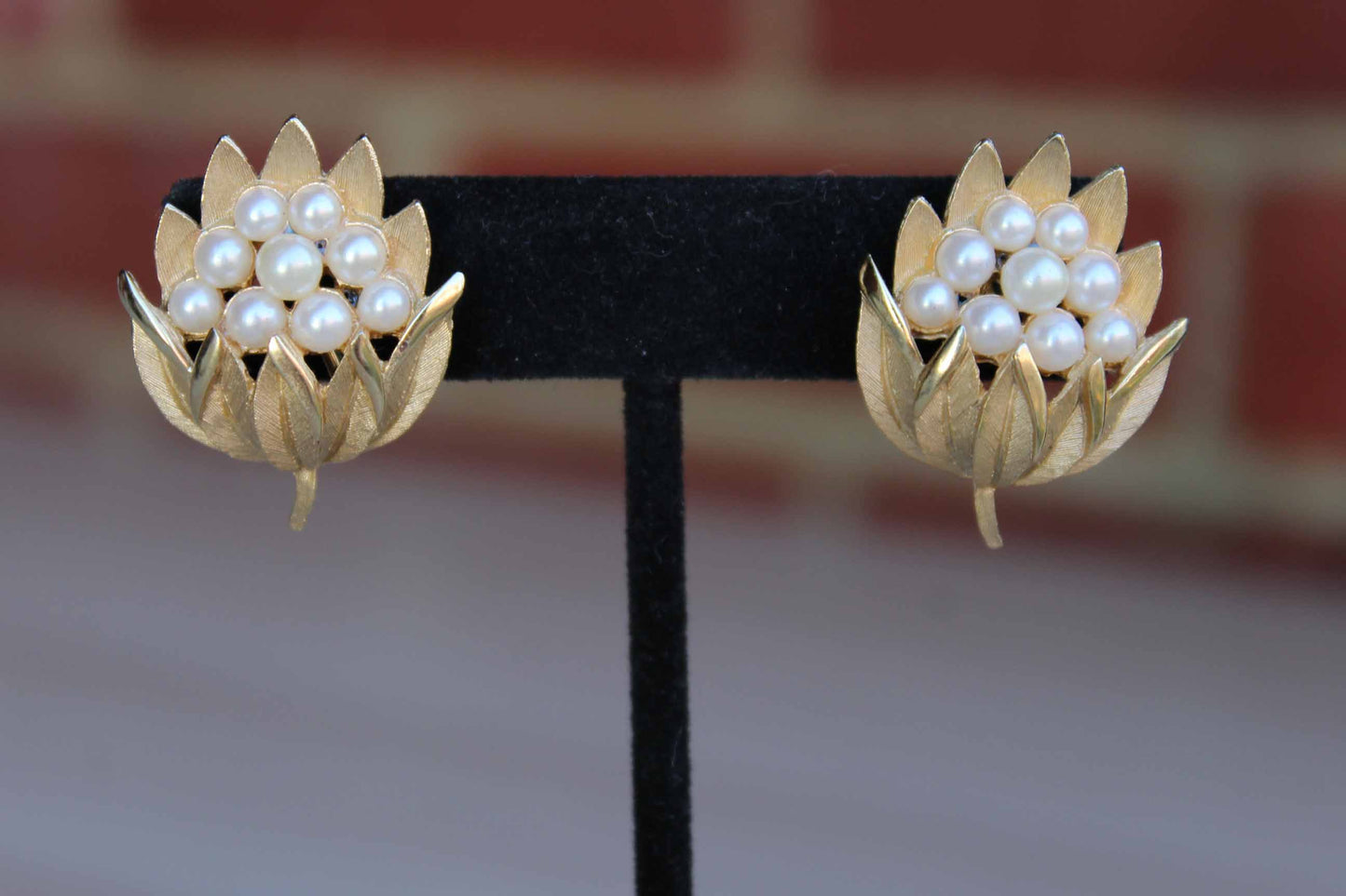 Trifari (USA) Gold Tone and Faux Pearl Non-Pierced Flower Earrings