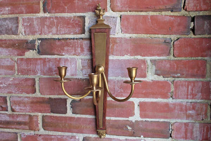Global Views (Made in India) Brass and Wood Triple-Candle Wall Sconces, A Pair