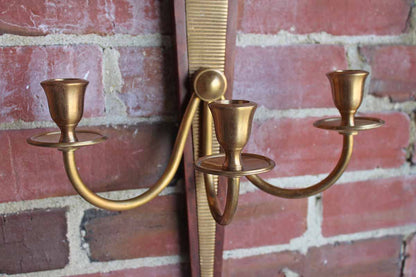 Global Views (Made in India) Brass and Wood Triple-Candle Wall Sconces, A Pair